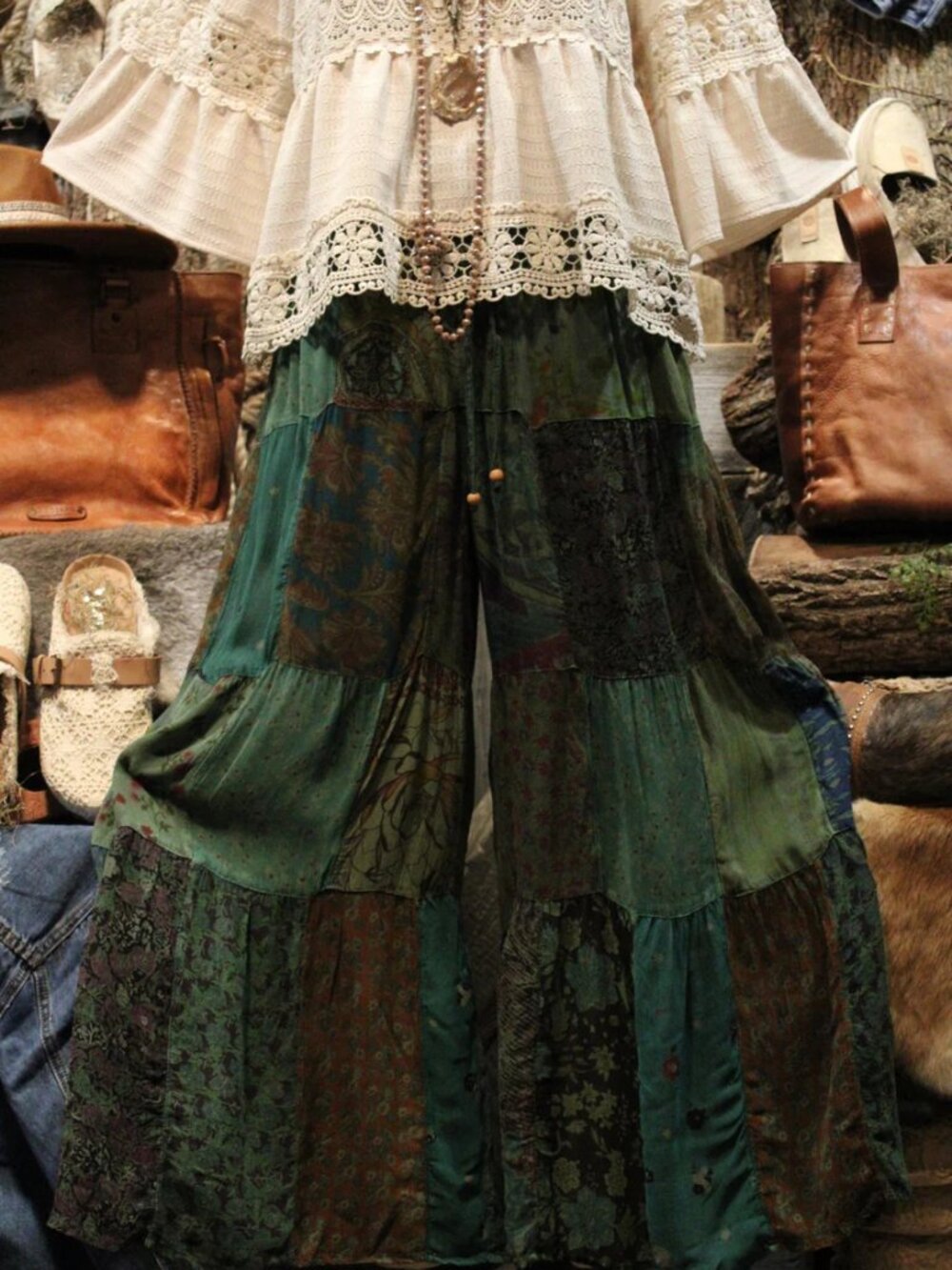 NWT Young Threads Bohemian Patchwork Maxi Pants Floral Green and Black - Picture 3 of 5